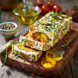 Une terrine de légumes est servie sur un plateau en bois avec une fourchette et une cuillère.
