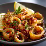 Plate of Calamars with lemon wedges and herbs.