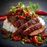 Une viande croustillante est servie avec des épices et des légumes.