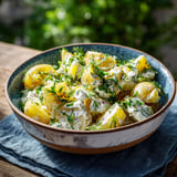 Une salade de pommes de terre et de potiron, garnie de herbes et de fromage, est servie dans un bol sur une table.