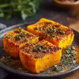 Une carotte butternut est servie sur un plateau avec des herbes et des épices.