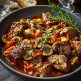 Un plat de Sauté de viande avec des champignons et des herbes.