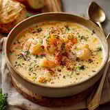 Une soupe chaude avec des moules et des herbes.