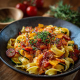 Une plate de pâtes aux tomates et aux épinards, accompagnée de légumes frais.