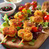 Des brochettes de poulet grillées avec des légumes et une sauce.