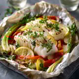 Un plat de cabillaud en papillote avec des légumes et des herbes.