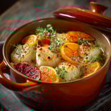 Une casserole de lotte aux oranges et herbes, avec des légumes et des fruits frais.