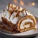 Une bûche roulée, garnie de crumbles de beurre et de sucre, est servie sur un plateau.