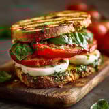 Un sandwich au fromage, tomate, basilic et oignon sur une planche de bois.