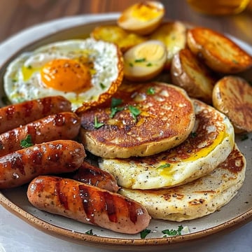 A plate of food with eggs, sausage, potatoes, and a fried egg on top.