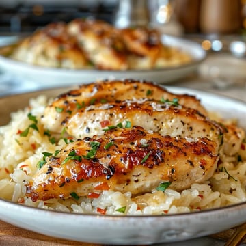 Two pieces of chicken with rice and vegetables on a plate.