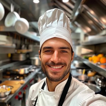 Chef posing in a kitchen with a big smile on his face.