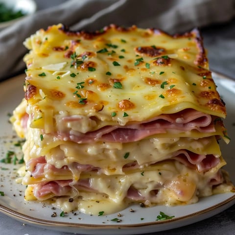 Un plat de lasagnes parfaitement dressé, avec une couche dorée de fromage fondu et du jambon, parsemé de persil frais.