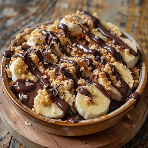 Un dessert dans un bol rustique avec des rondelles de bananes, une couche croustillante dorée et du chocolat coulant.