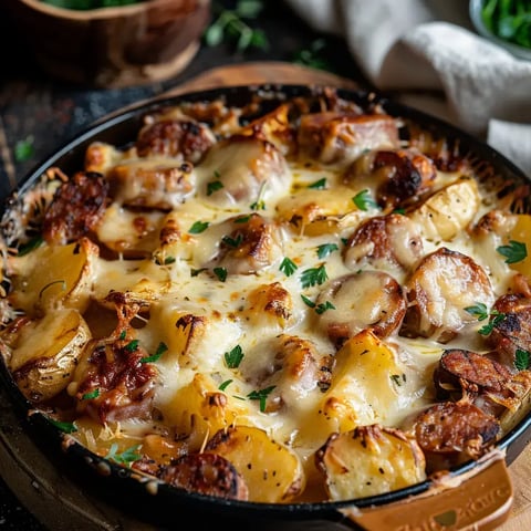 Un plat gourmand composé de pommes de terre fondantes, saucisses fumées et fromage fondu, avec une touche de persil frais.