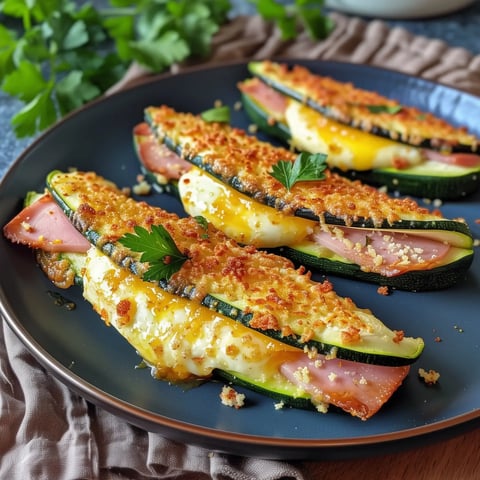 Des courgettes farcies de fromage et jambon, gratinées avec une croûte dorée, servies sur une assiette noire élégante.