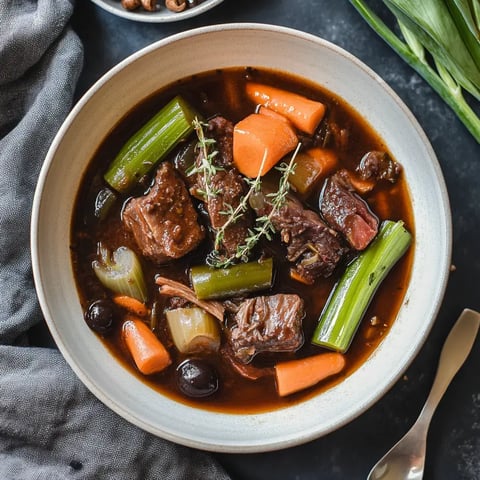 Un plat de viande mijotée avec des morceaux de bœuf, des légumes et des herbes dans un bol, accompagné d’un tissu gris et d’ingrédients en arrière-plan.