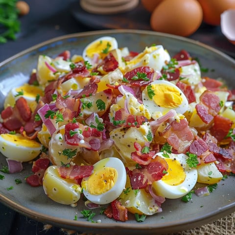 Une belle salade de pommes de terre avec des œufs durs, des lardons croustillants, des oignons rouges et du persil.