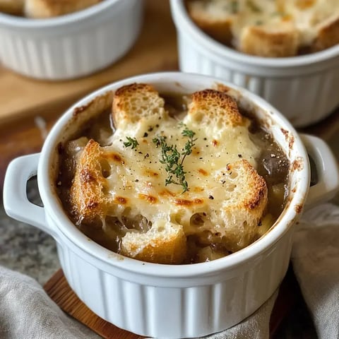 Une appétissante soupe à l'oignon gratinée, présentée dans un bol avec des tranches dorées et du fromage fondant.