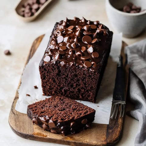 Un gâteau au chocolat moelleux avec des pépites de chocolat sur le dessus, présenté sur une planche en bois.