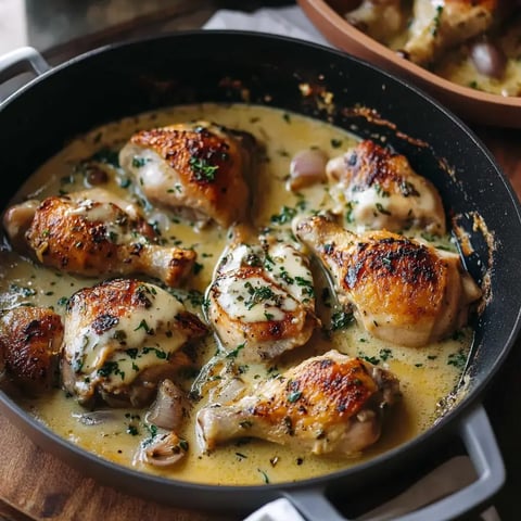 Du poulet cuisiné avec une sauce à l'estragon, prêt à servir, présenté dans un élégant plat français.