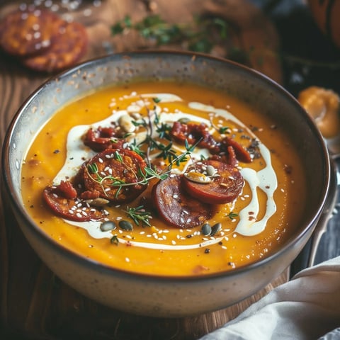 Un bol de potage au potimarron avec des tranches de chorizo, des graines croquantes et un filet de crème.