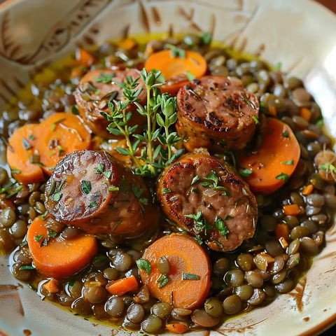 Assiette de lentilles avec saucisse fumée, rondelles de carottes et garnie de thym frais.