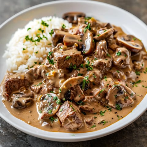 Une assiette généreuse de bœuf Stroganoff crémeux, accompagné de riz blanc et agrémenté de persil haché.