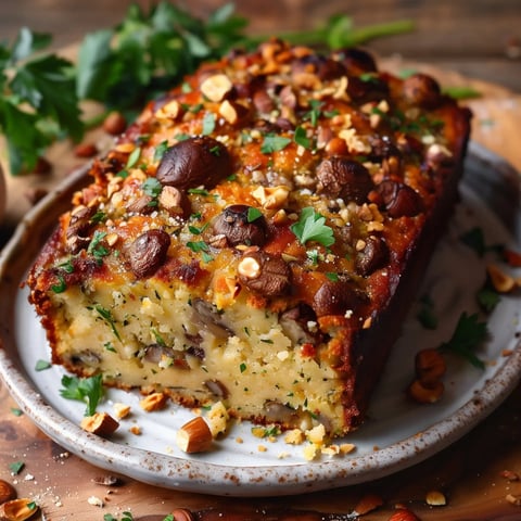 Un appétissant cake aux noisettes et champignons garni de persil frais, servi sur un plat.