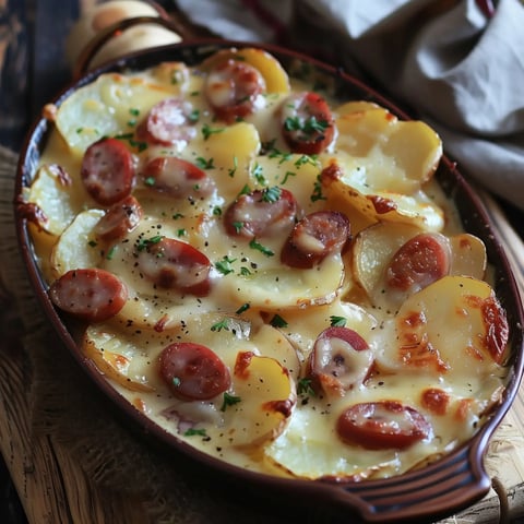 Gratin doré aux pommes de terre, saucisses fumées et fromage fondu, garni de persil frais.