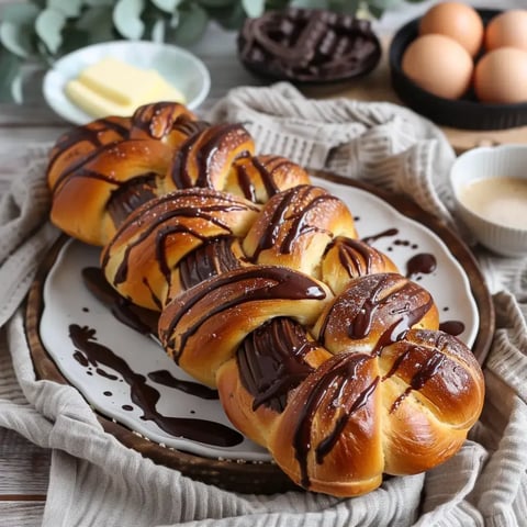 Brioche dorée à la tresse parfaite, avec une garniture chocolatée et une pincée de sucre. Posée près de beurre et œufs sur une table en bois.