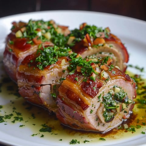 Une assiette de viande roulée avec une farce d'herbes, accompagnée de sauce et décorée de persil frais.