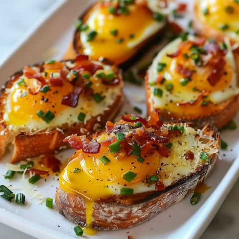 Des tartines garnies de jaunes d'œufs confits, de parmesan en copeaux et d'un soupçon de ciboulette.