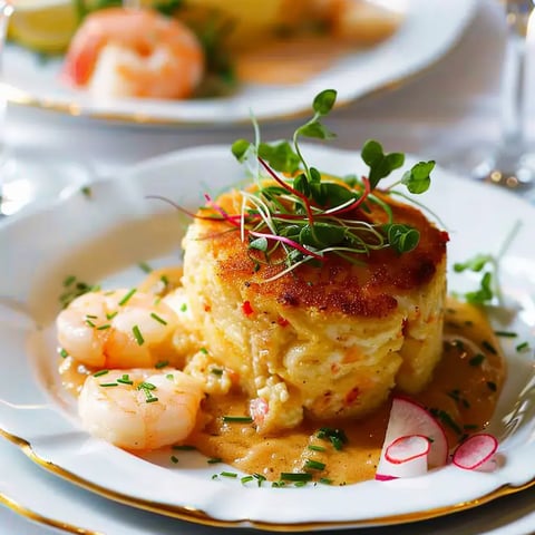 Un mets raffiné composé d’un soufflé doré aux fruits de mer, accompagné de radis, crevettes, et pousses servies avec élégance.