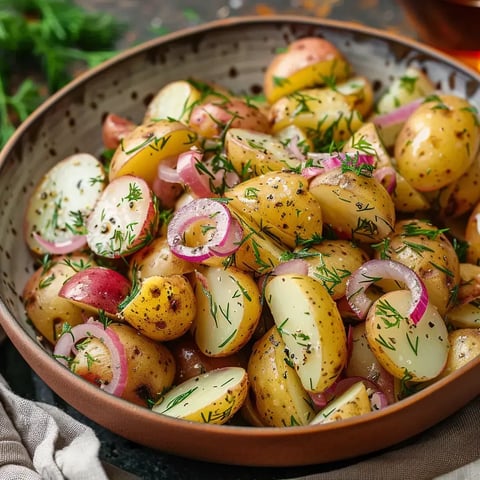 Pommes de terre mêlées à des oignons rouges et décorées d'une touche d'aneth.