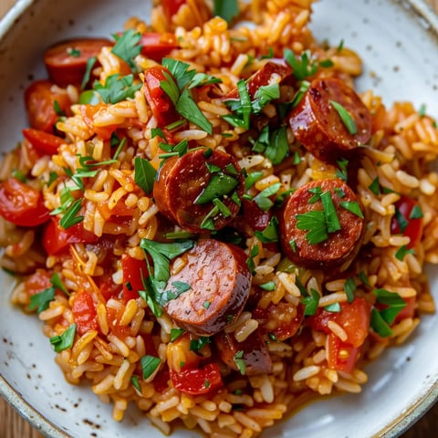 Assiette gourmande de riz avec morceaux de chorizo, tomates fraîches, et du persil pour la déco.