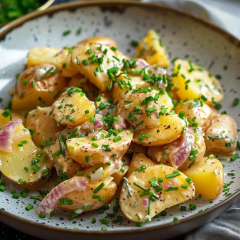 Salade maison de pommes de terre, parsemée de ciboulette et persil frais.