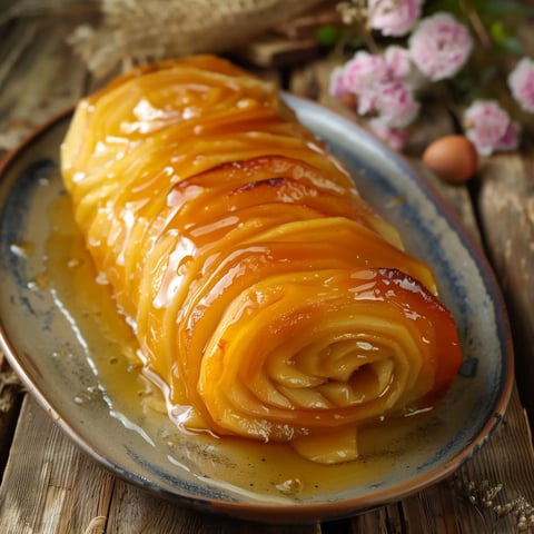 Magnifique bûche tatin caramélisée, servie avec soin sur une belle assiette.