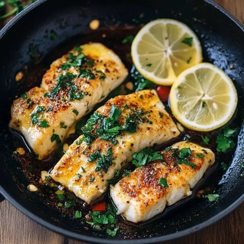 Filets de poisson dorés, garnis de persil et accompagnés de rondelles de citron, cuisinés dans une poêle.