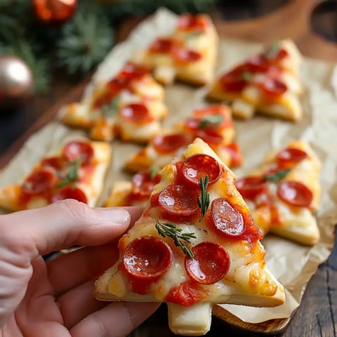 Petites pizzas aux couleurs festives en forme de sapins, avec des tranches de pepperoni et des herbes fraîches.