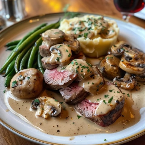 Un plat irrésistible de filet mignon tendre en sauce crémeuse, accompagné de légumes et échalotes.