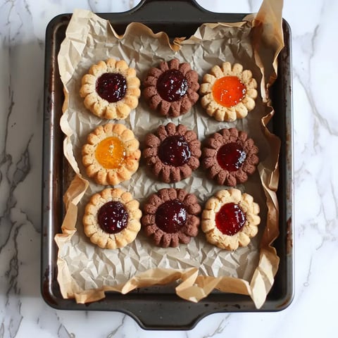 Des petits biscuits jolis avec une confiture colorée au milieu, posés sur une plaque recouverte de papier cuisson.