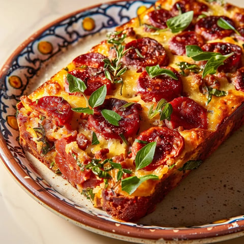 Un superbe cake au chorizo et fromage présenté sur une belle assiette