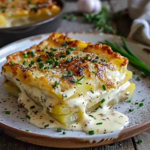 Un délicieux gratin doré aux pommes de terre et crème, décoré de ciboulette, servi chaud.