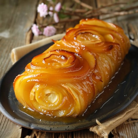 Un dessert à base de pommes sur un plat noir, décoré de fleurs au fond.