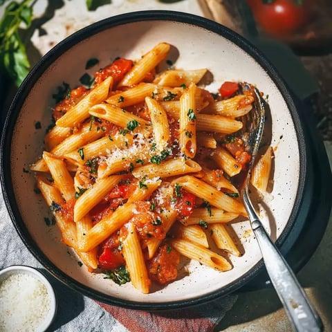 Pâtes avec une sauce tomate épicée, garnies de persil frais et de fromage râpé dans un plat.