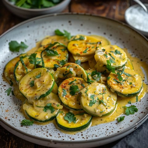 Courgettes en rondelles nappées de crème coco, embellies de feuille de coriandre sur le dessus.