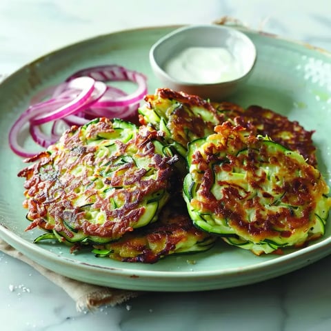 Des galettes de courgettes croustillantes servies avec une sauce et des rondelles d'oignons rouges.