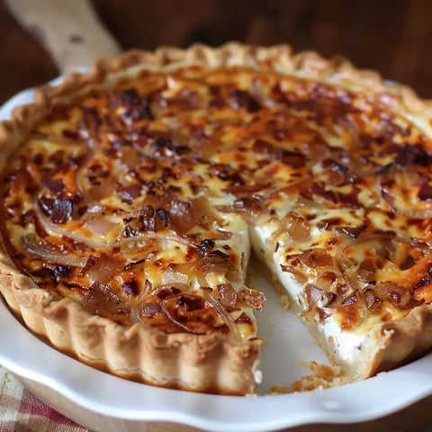 Tarte aux oignons et fromage fondant, une belle part coupée en évidence.