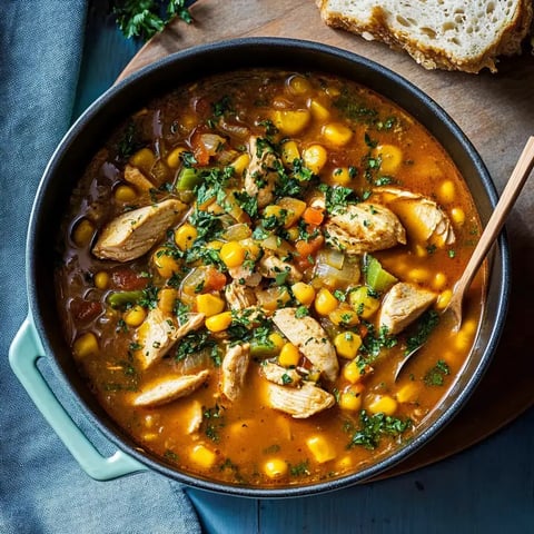 Une assiette avec une soupe blanche, ornée de morceaux de poulet, légumes aux couleurs vives et un pain qui l’accompagne.